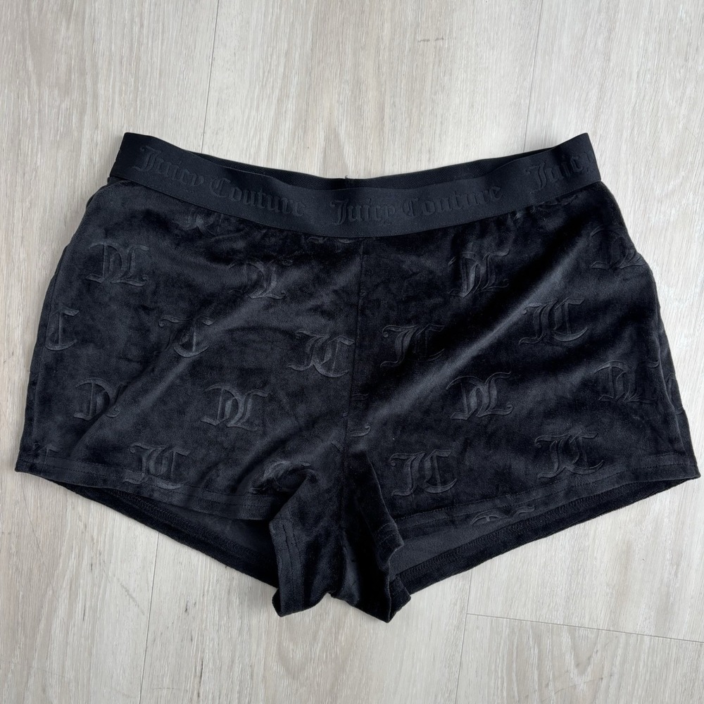 Juicy Couture Black Velour Sleep Shorts Small Embossed Logo Y2K Lounge Pajama